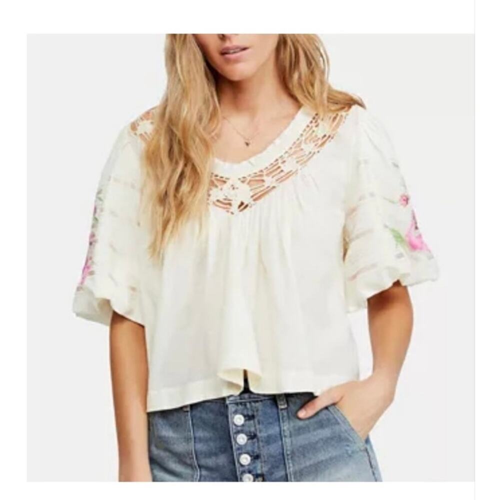 Free People Bohemia Embroidered Peasant Top Blouse Medium Floral Coquette Boho